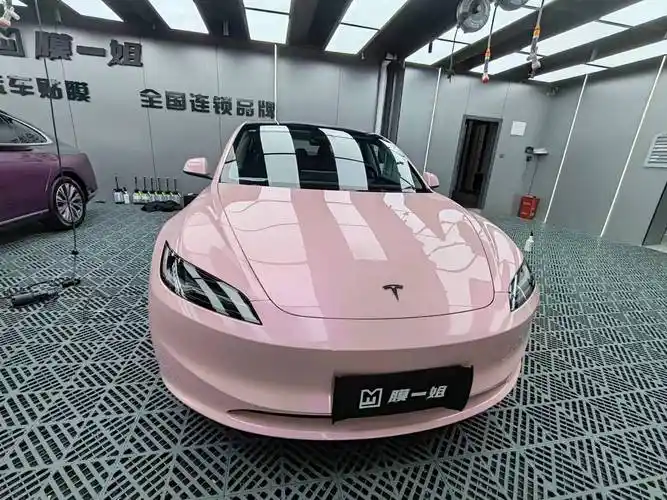 特斯拉3改色膜一姐梦幻胭脂粉这个车子太漂亮了