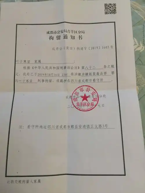 警方出具的对叶子寒笛的拘留通知. 家属供图