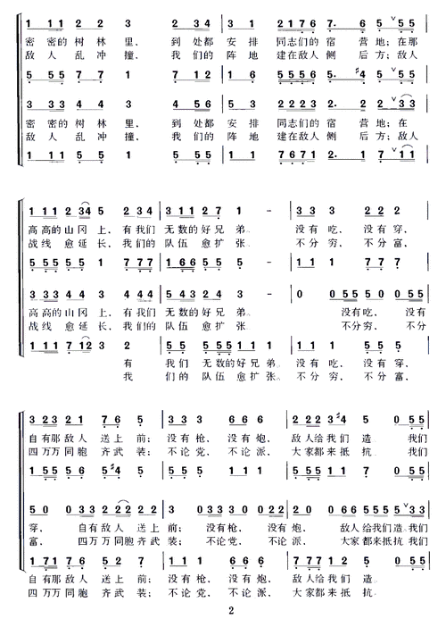 游击队之歌 歌谱 简谱