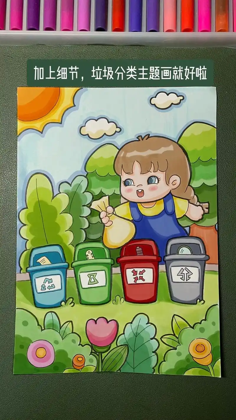 垃圾分类主题画步骤图 #环保主题 - 抖音