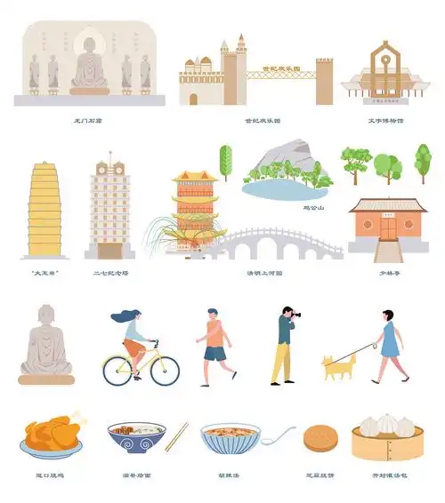 河南旅游地图和美食插画