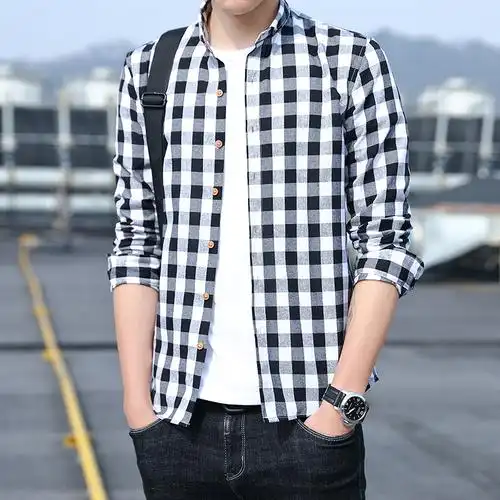 休闲格子衬衫男韩版修身原宿清新学生衬衣帅气ins超火百搭寸衫外套