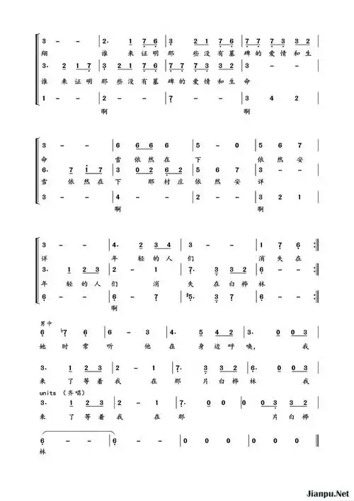 歌曲白桦林男女重唱的简谱歌谱下载