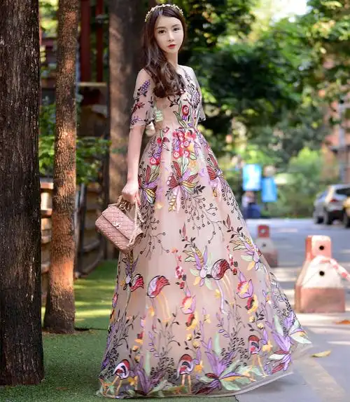 2017新款蕾丝网纱长裙优雅高腰裙子女重工花朵刺绣连衣裙夏长