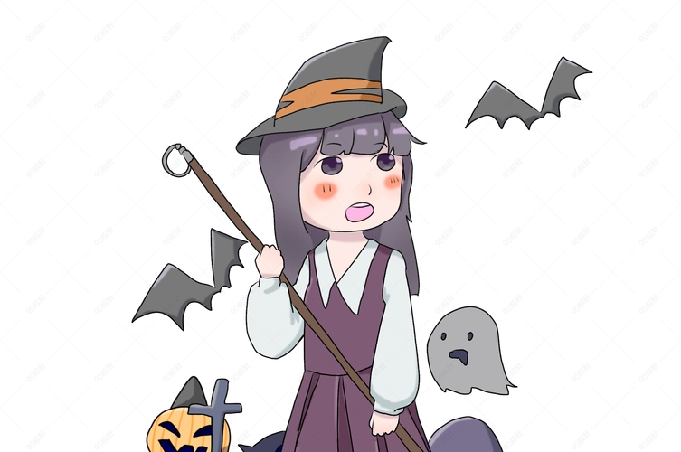 万圣节拿着扫帚的女巫手绘插画