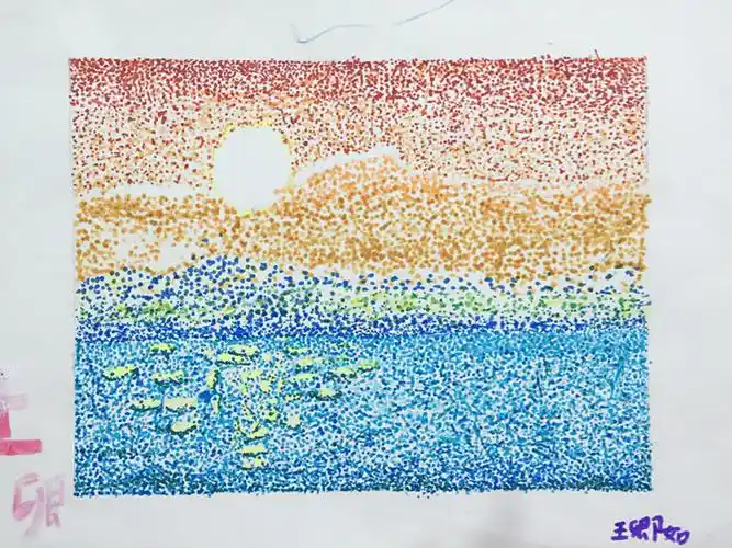 点彩画——落日,沙滩.