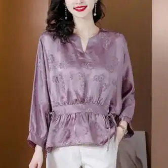 奥合普高档提花真丝衬衫上衣女春夏新款时尚洋气小衫宽松遮肉桑蚕丝