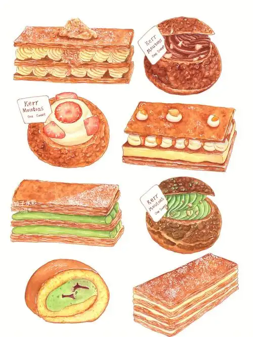 钢笔淡彩水彩美食手绘插画拿破仑泡芙蛋糕