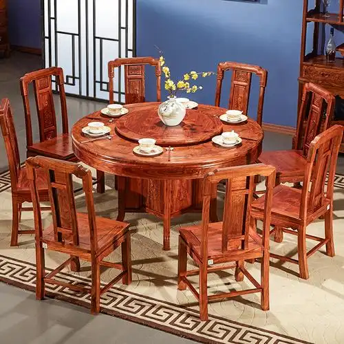 正福居红木桌圆餐桌多功能刺猬紫檀新中式实木电动圆台花梨木饭桌