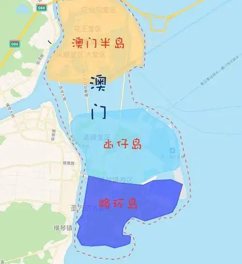 澳门凼仔岛:澳门半岛以南,路环岛以北,地理位置正好位于澳门的中央.