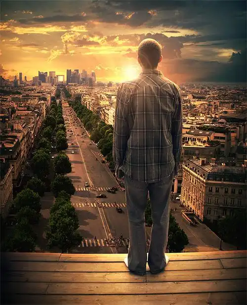 ps合成高楼中远眺城市日出场景