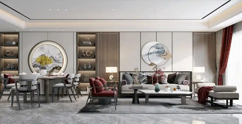 新中式客餐厅全景效果图设计|空间|家装设计|王彤ing - 原创作品