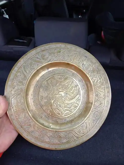 晚清民国细路龙纹铜盘,直径:26cm,全品漂亮!
