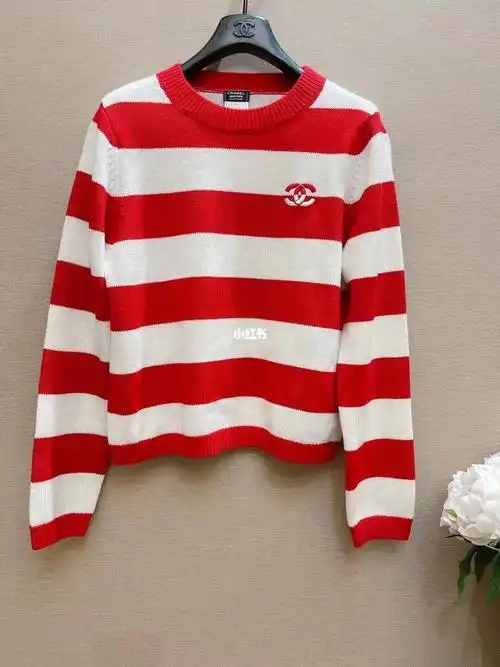 香奈儿chanel员工服红白条纹套头针织衫