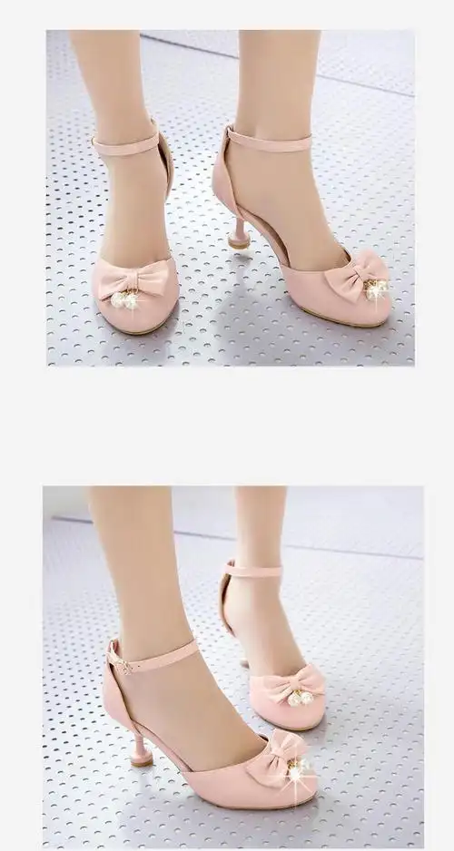 超高女童很高细跟钢琴表演出鞋小学生蝴蝶结甜美公主鞋儿童模特高跟鞋