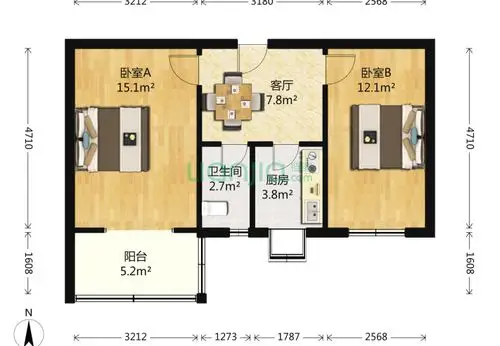 模式口南里2室1厅1卫55平米装修案例