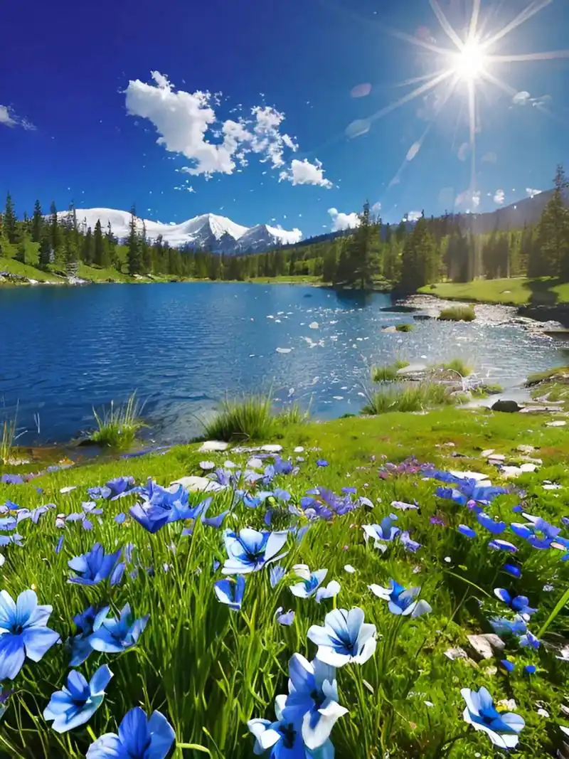 在一片蓝天之下,阳光洒落在大地上,照在宁静的湖面上,仿佛把整个世界