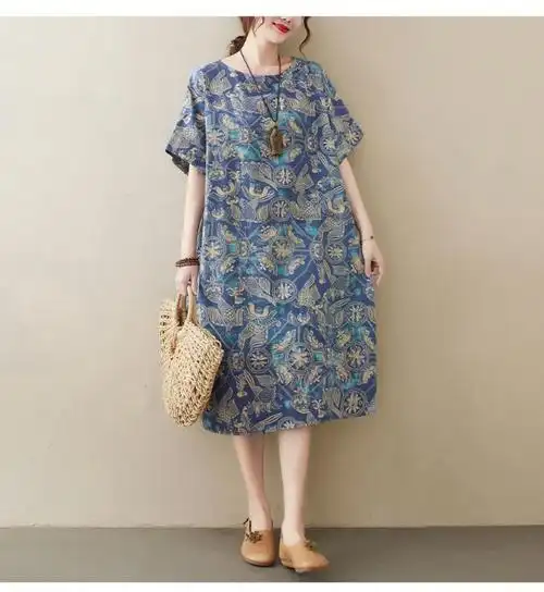 大妈四五十岁连衣裙大码女装胖mm棉麻洋气胖妞宽松显瘦胖人直筒裙子