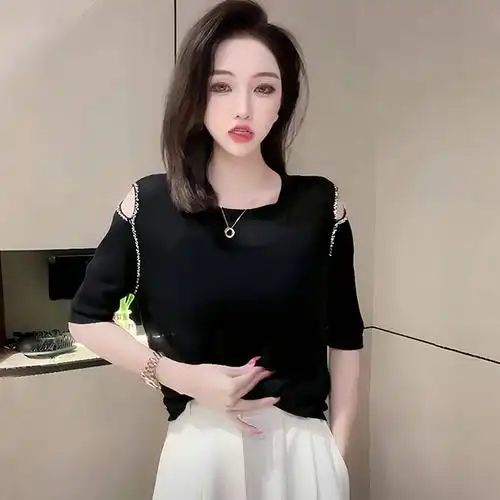 欧洲站重工镶钻露肩半袖t恤女夏薄款2024新款设计感时尚短袖上衣