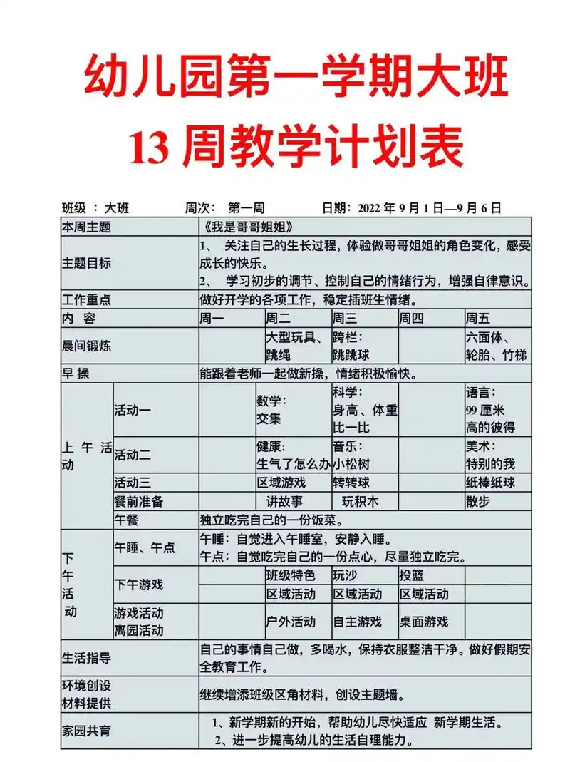 幼儿园大班第一学期13周周教学计划表.#幼儿园 #幼儿园教学 - 抖音