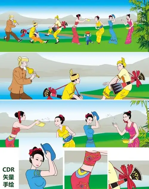 傣族风情泼水节手绘矢量壁画