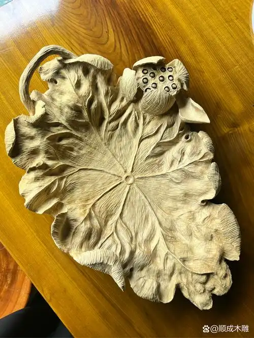 纯手工雕刻荷叶果盘#木雕