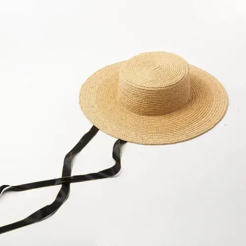春夏新款休闲简约光身带绑带平顶拉菲草帽户外旅游遮阳拉菲草帽