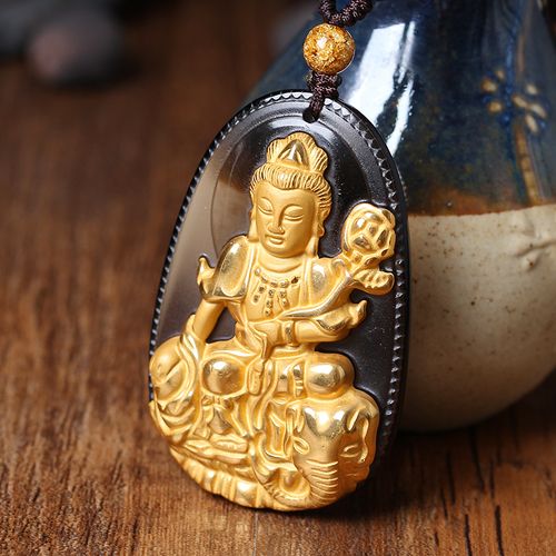天然黄金镀金黑曜石普贤菩萨十二生肖属龙蛇本命佛守护神吊坠