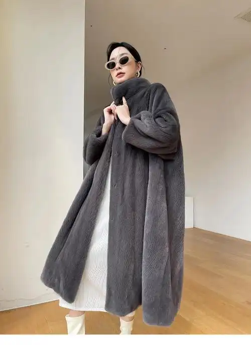odybird品牌女装貂皮大衣女整貂过膝长款水貂皮草外套女宽松 格调灰