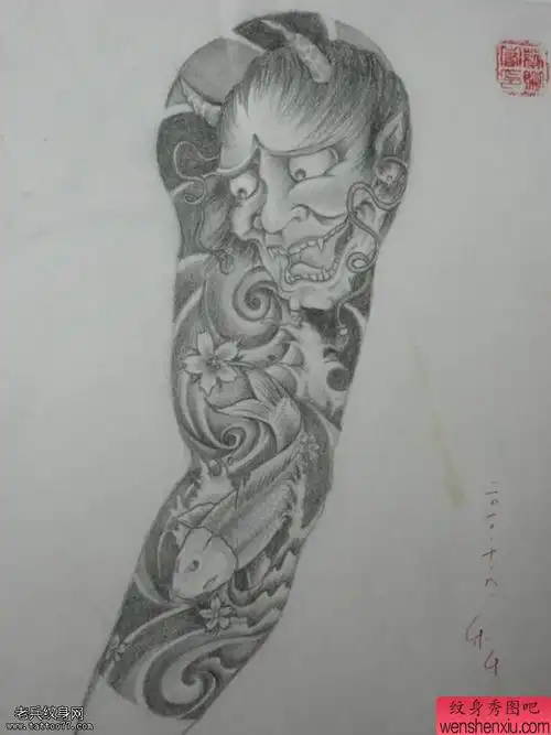 文身秀图吧推荐一幅黑灰花臂般若文身手稿作品 - 纹身秀