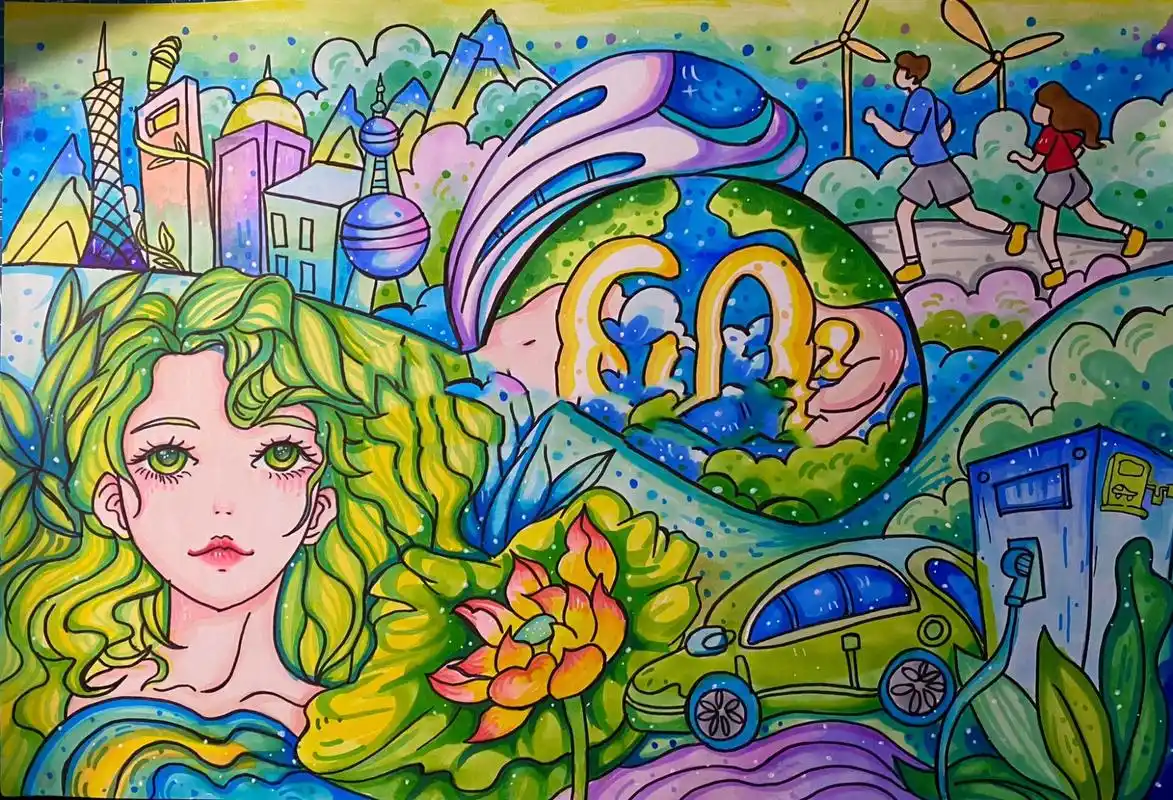 低碳出行 爱护环境 人与自然和谐共处主题画分享