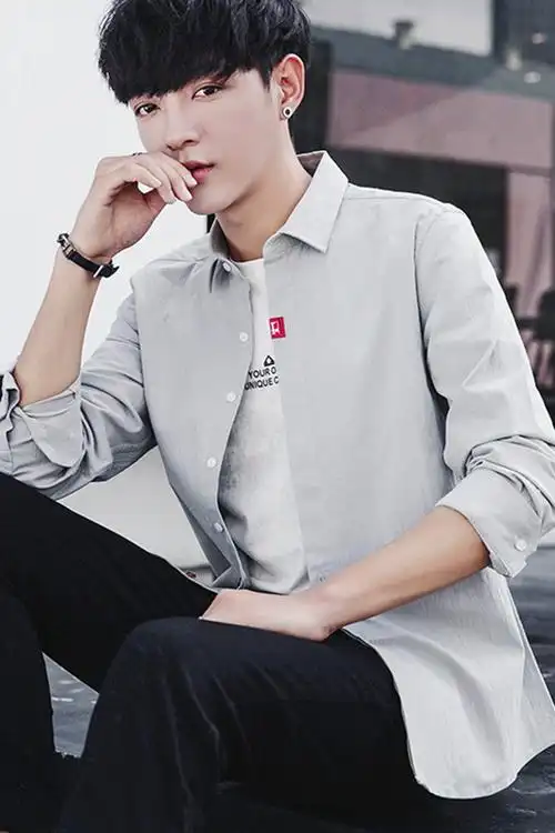 高富帅 秋季男长袖衬衫韩版潮流宽松休闲衬衣青少年学生弹力寸衫