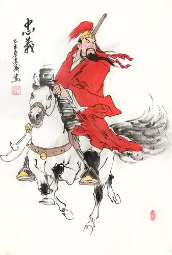 关公忠义骑马武神风水人物画三开手绘四尺国画国画