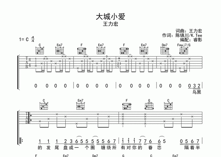 大城小爱吉他谱_王力宏_c调弹唱六线谱_睿影上传
