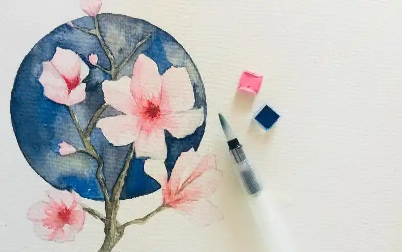 【水彩】画一枝桃花 上色过程