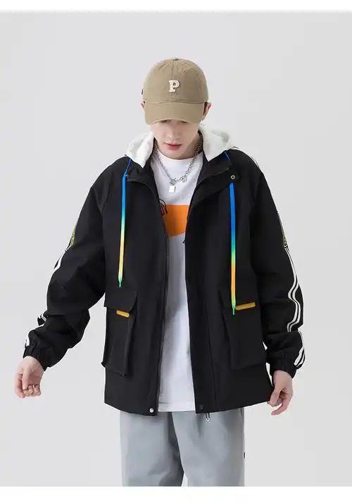 2022春季新款夹克男潮牌时尚潮流男装蓝外套男士连帽休闲情侣装男黑色