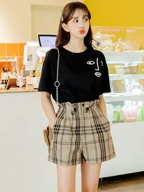 韩都衣舍2019夏装新款女装韩版格子休闲两件时尚套装