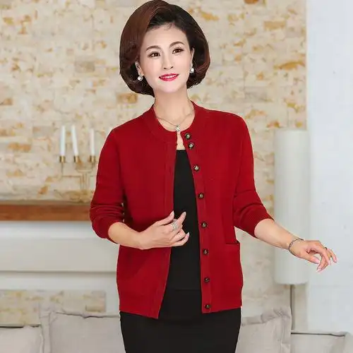 恒源祥羊毛衫女开衫纽扣圆领中老年复古提花厚60岁妈妈装外穿毛衣