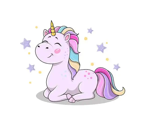 卡通独角兽在彩虹下飞行