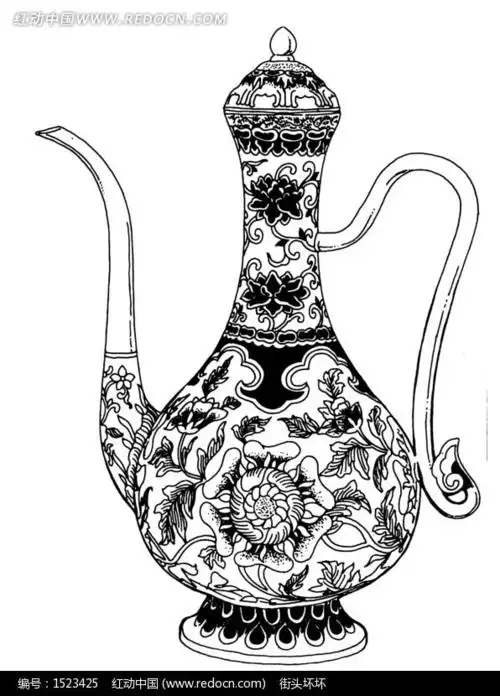 手绘刻满花朵和藤蔓花纹带手柄的酒壶图案