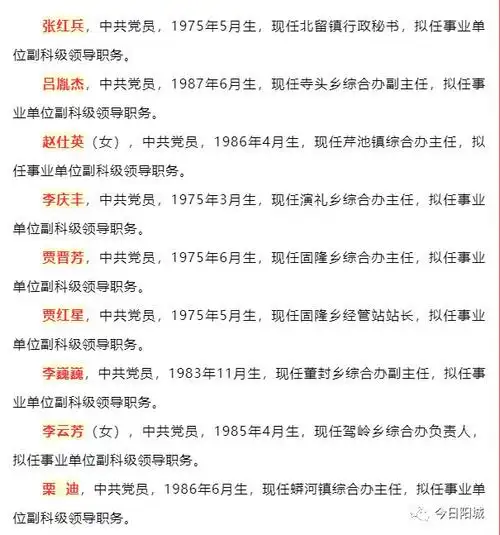 李向阳,中共党员,1977年7月生,现任东冶镇综合办主任,拟任事业单位副