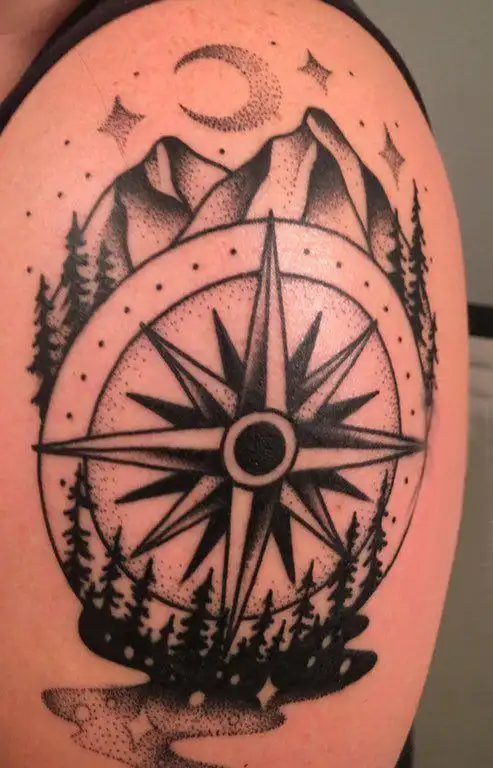 女生手臂上黑灰素描点刺技巧文艺风景纹身图案