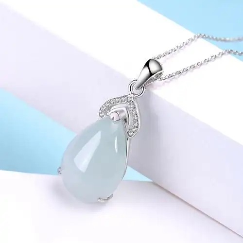 s925银镶水滴项链女款翡翠吊坠女时尚款式女玉坠玉石玉器生日礼物