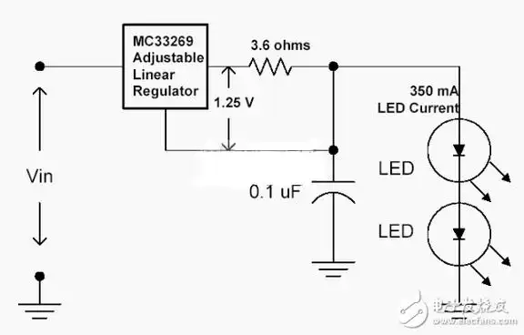 lm317或者mc33269制作的大功率led恒流驱动电路驱动电流=1.25/3.6=0.