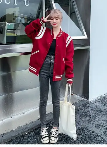 wuuus 酒红色经典高街毛呢棒球服女秋冬加厚宽松短款拼接外套韩版