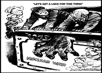 下图是冷战时期的一幅漫画《肯尼迪对赫鲁晓夫说:咱们给这玩意加把锁