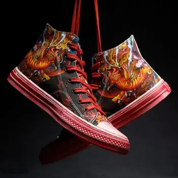 jifffly国潮品牌 青龙鞋国潮涂鸦滑板鞋高帮鞋中国风帆布鞋男鞋原创