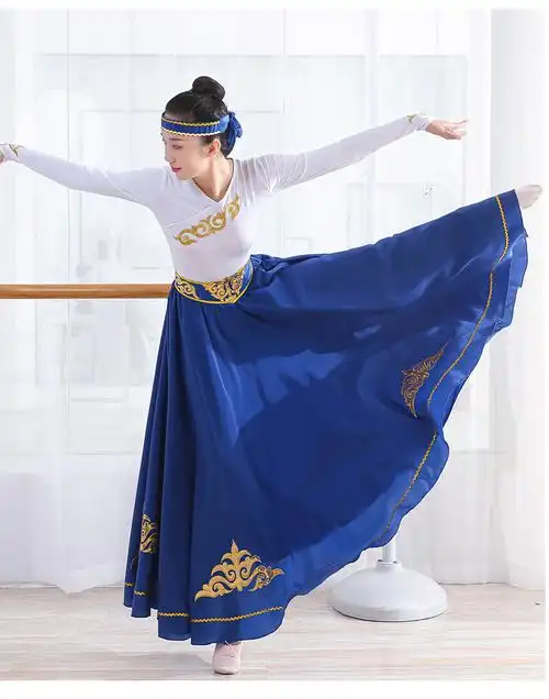 迪牧欧蒙古服新款蒙古族舞蹈练习裙成人半身长裙新疆维族练功大摆裙服