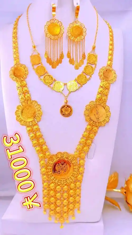 喀什市宝库黄金店 新款黄金项链耳环三件套婚礼黄金首饰套装999黄金