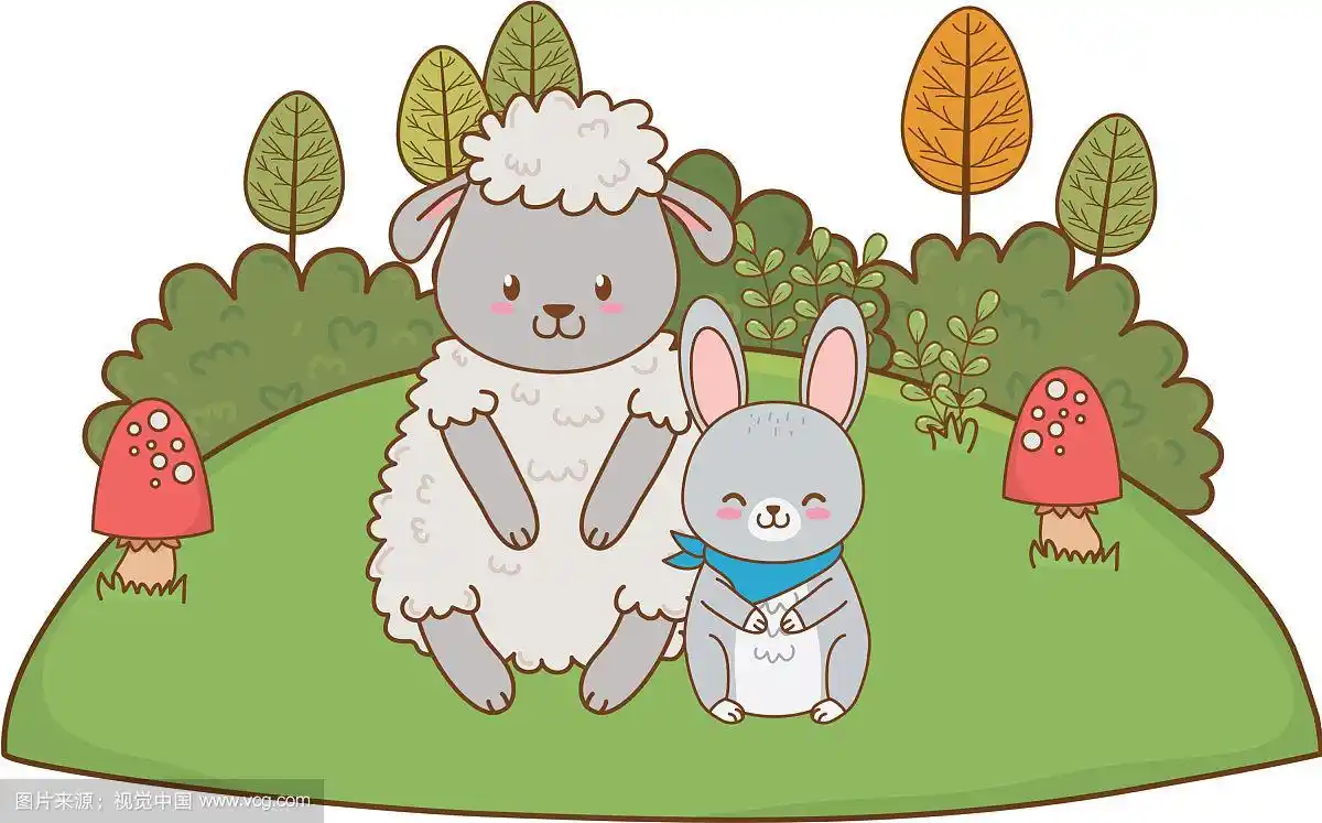 可爱的绵羊和兔子在田野里